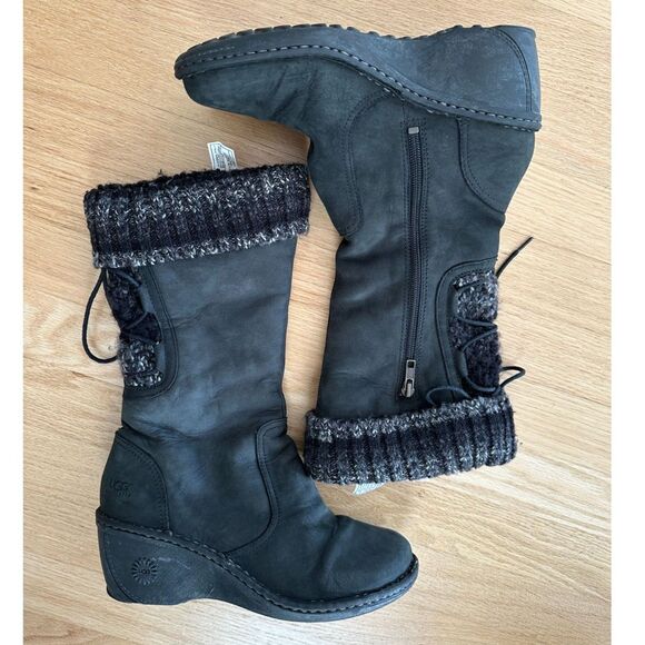 Ugg Skylar Wedge Boots Black Leather Knit Cuff Mid Calf Winter Casual size 8 - Picture 9 of 11